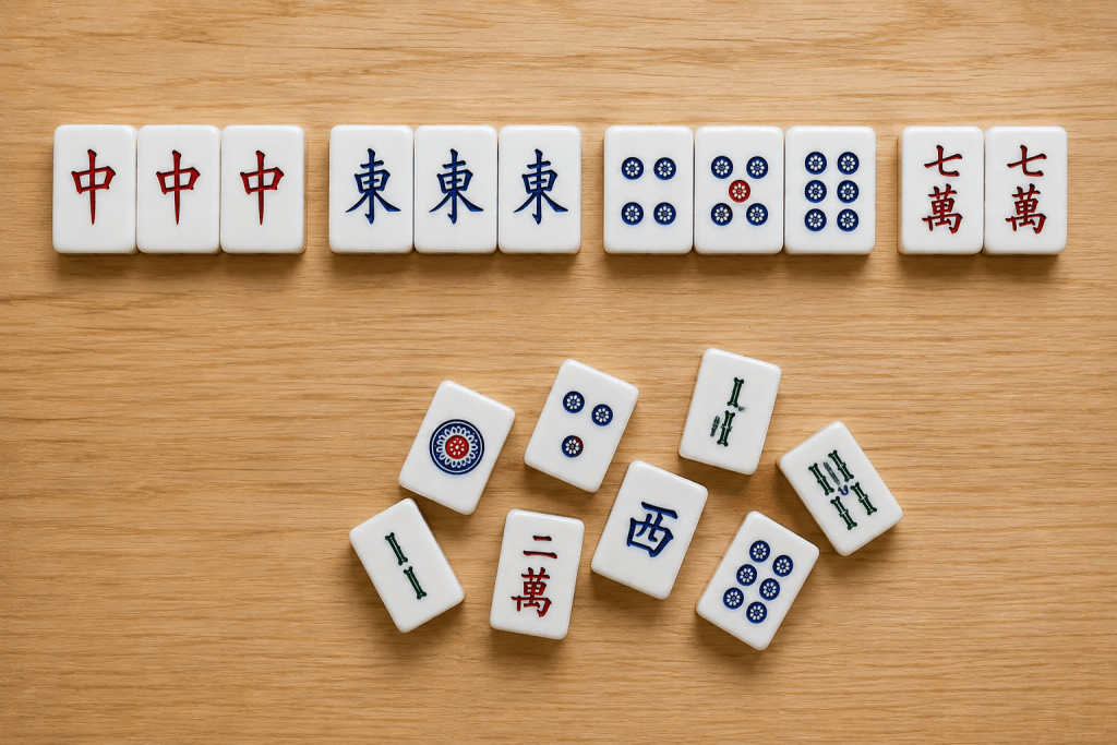 A Hong Kong Mahjong winning hand showing a Dragon pung and Seat Wind pung, each worth 1 fan, with a scattered discard pile nearby