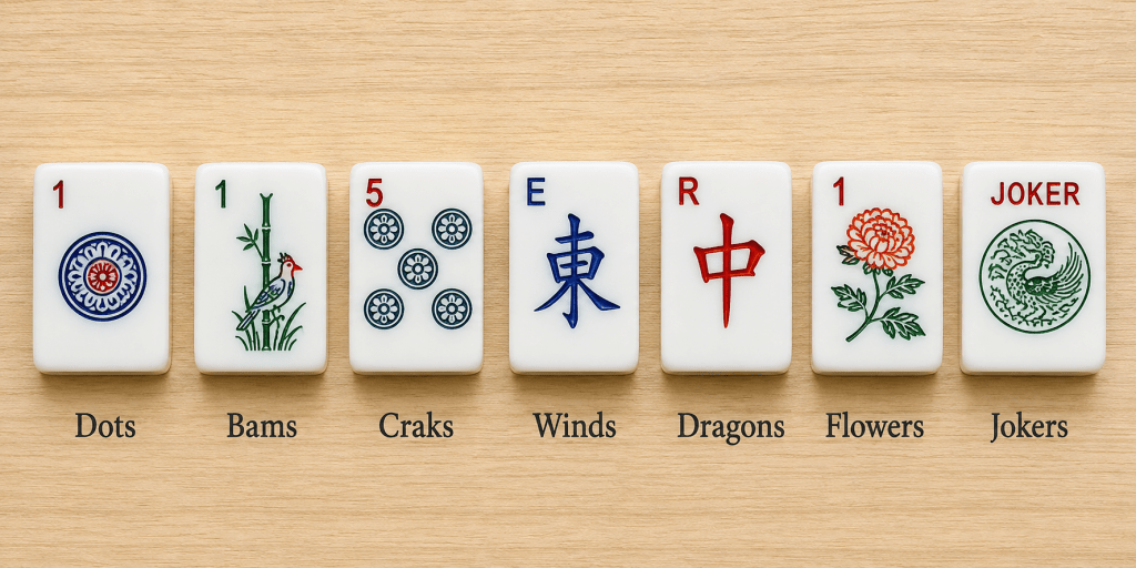 The seven tile categories in an American Mahjong set: Dots, Bams, Craks, Winds, Dragons, Flowers, and Jokers