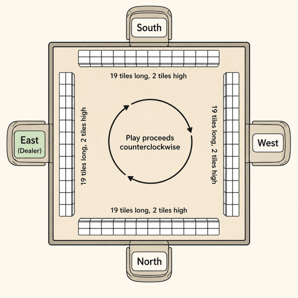 Diagram of the four Mahjong walls arranged in a square, with East, South, West, and North seating positions