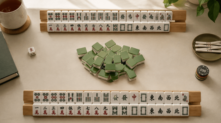 Two mahjong racks set up facing each other for Siamese Mahjong, the 2-player variant