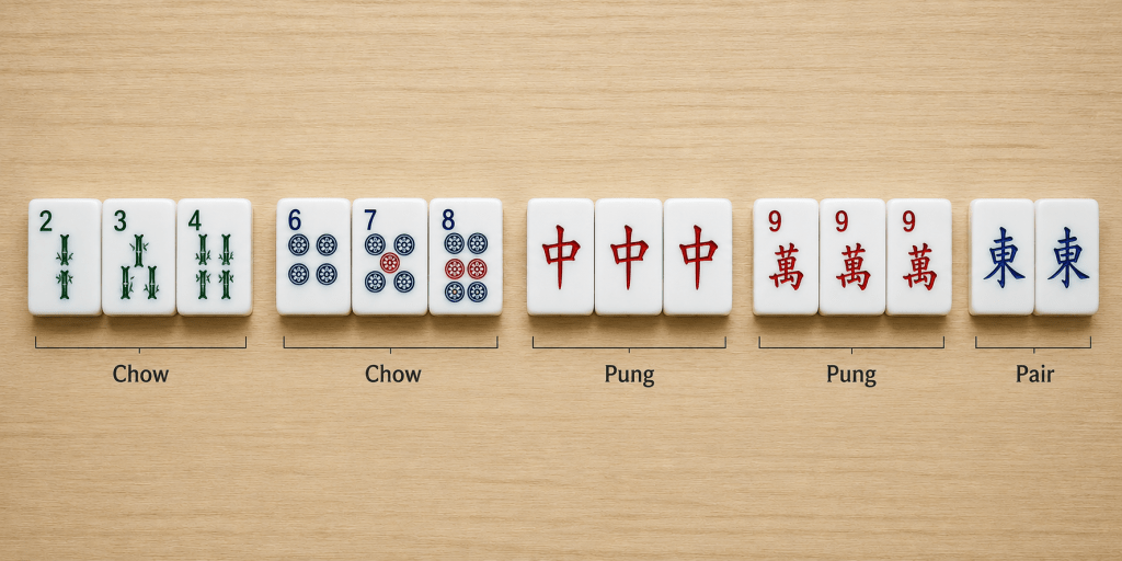A standard winning Mahjong hand: two chows, two pungs, and a pair