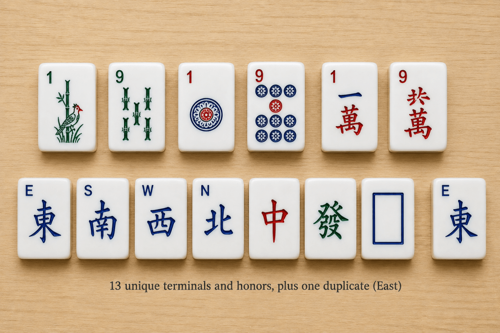 Thirteen Orphans hand: one of each terminal and honor tile, plus a duplicate East, laid out to show the hand's unusual structure with no melds